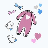 Set hand drawn baby girl. Cartoon sketch style doodle for icon, banner. Elements little girls clothes. vector