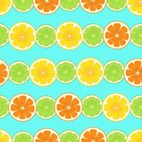 Collection of citrus slices orange, lemon, lime seamless pattern on blue backgroud illustration vector