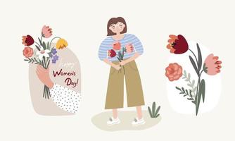 set of illustrations for international womens day with young women and flower vector