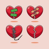 Broken heart and crack repaired with bandage, money, stitch illustration