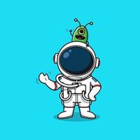 lindo astronauta y alienígena saludando la mano, ilustración vector