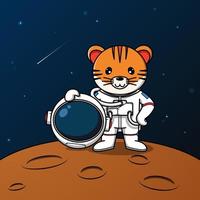 Cute tiger astronaut standing on the moon illustration vector