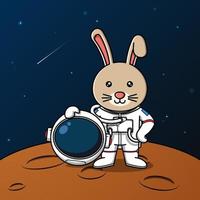 Cute bunny astronaut standing on the moon illustration vector