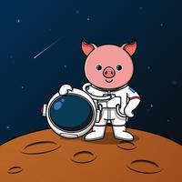 Cute pig astronaut standing on the moon illustration vector