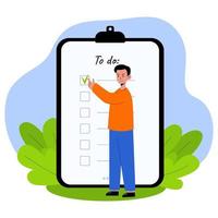 Businessman puts a check mark in the checklist of the mobile application. To do list on smartphone screen. Time management and planning. Vector concept illustration in flat style.