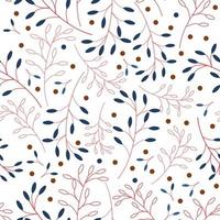 Floral seamless vector pattern consisting of blue and red twigs and orange berries on a on white background. Elegant design for fabric, Wallpaper