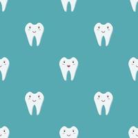 Happy healthy white teeth. Dental seamless pattern. Vector childrens illustration of cute teeth isolated on a blue background.