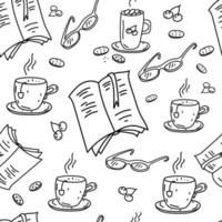 Books with bookmarks, glasses and hot sweet drink Doodle pattern. Symbols of reading, learning, new information and relaxation. Hand drawn vector background. Black outline on a white background.