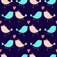 Valentines Day doodle seamless pattern. Romantic hand-drawn blue background with lovebirds and heart. Ideal for wrapping paper, textiles, wallpaper, wedding design. Vector illustration.