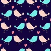 Valentines Day doodle seamless pattern. Romantic hand-drawn blue background with lovebirds and heart. Ideal for wrapping paper, textiles, wallpaper, wedding design. Vector illustration.