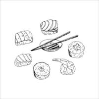 Japanese food set consisting of sushi, rolls, shrimp, wooden chopsticks and a bowl of soy sauce, isolated on a white background. Vector illustration in hand-drawn style.