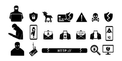 Hacker attacks, spam call and fake website links. The concept of phishing, cyber crime, online fraud and web protection. Set of solid black vector icons isolated on white background.