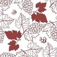 Bunches of grapes with leaves and flying bees. Hand-drawn background. Seamless vector doodle pattern. Brown elements on a white background.