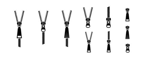 Zippers. Open and closed zippers big icons set. Solid vector black icon isolated on white background.