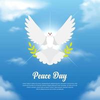 Elegant International Day of Peace background with flying dove, realistic cloud and leaf stalk . Peace Day Design vector illustration