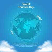 Simple world tourism day background with blue sky, plane, and cloud. Tourism day vector illustration.