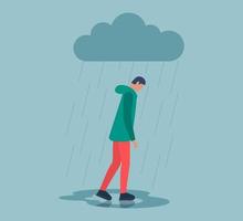 Unhappy depressed sad man in stress with negative emotion problem walking under rain cloud. Loneliness guy. Alone loser male person depression. Solitude and bad emotions in overcast weather. Vector