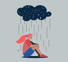 Unhappy depressed sad girl in stress with negative emotion problem sitting under rain cloud. Loneliness woman. Alone loser female person depression. Solitude and bad emotions in overcast weather. Eps vector