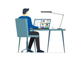Man and group people on laptop screen taking part web conference. Virtual work meeting and distance education webinar or videoconferencing. Video conferencing and online communication vector concept