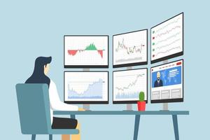 Businesswoman stock market trader in workplace looking at multiple computer screens with financial charts, diagrams and graphs. Business index analysis concept. Broker exchange trading multi-monitor vector