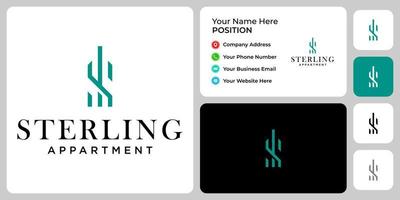 Letter S monogram appartment logo design with business card template. vector