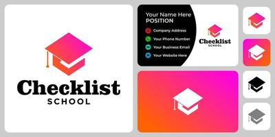 Academic cap and checklist logo design with business card template. vector