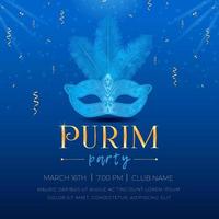 Happy Purim, Jewish holiday celebration party invitation. Masquerade Carnival mask with feathers, sparkles, golden serpentine, and 3d text on blue background Vector illustration.