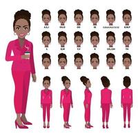 Cartoon character with African American business woman in suit for animation. Front, side, back, 3-4 view character. Separate parts of body. Flat vector illustration.