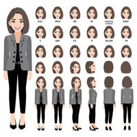 personaje de dibujos animados con mujer de negocios en traje de animación. carácter de vista frontal, lateral, posterior, 3-4. partes separadas del cuerpo. ilustración vectorial plana. 330 vector