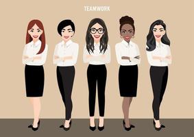 personaje de dibujos animados con equipo de negocios o concepto de liderazgo con mujeres empresarias. ilustración vectorial en estilo de dibujos animados. vector