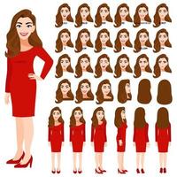 Cartoon character with business woman in red dress for animation. Front, side, back, 3-4 view character. Separate parts of body. Flat vector illustration.