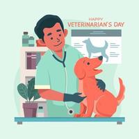 medico veterinario examinando a un perro vector