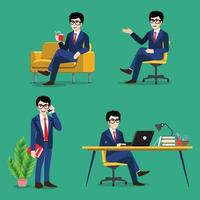 Cartoon character with business man poses set. Business people working, sitting at dest and using laptop on green background, flat icon vector