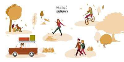 People in the autumn park having fun, kicking the leaf, riding bike, walking and drinking coffee, playing with dog and driving car in autumn leaves background. Set casual people in forest in fall vector