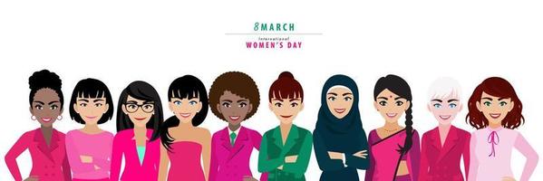 International Women's Day. Vector template with for card, poster, flyer and other. Different nationalities and dress styles standing together. Cartoon character or flat design vector