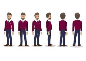 hombre de negocios en otoño casual con conjunto de animación de personaje de dibujos animados de camisa de suéter púrpura. carácter de vista frontal, lateral, posterior, 3-4. vector de diseño de icono plano