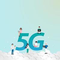 Cartoon character with 5G network wireless technology. Young people use smartphone ,tablet and laptop high-speed internet on the sky.  Big letters 5G vector