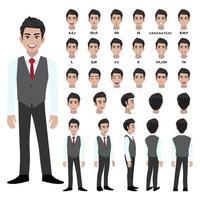 Cartoon character with business man in smart shirt and waistcoat for animation. Front, side, back, 3-4 view character. Separate parts of body. Flat vector illustration.