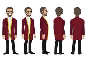 Cartoon character with business man in a long coat for animation. Front, side, back, 3-4 view animated character. Flat vector illustration.