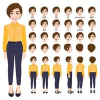 Cartoon character with business woman in smart shirt for animation. Front, side, back, 3-4 view character. Separate parts of body. Flat vector illustration.