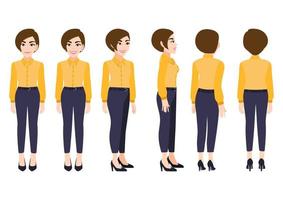 Cartoon character with business woman in smart shirt for animation. Front, side, back, 3-4 view character. Flat vector illustration.