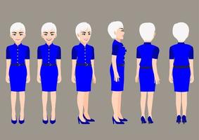 personaje de dibujos animados con mujer de negocios en hermoso vestido para animación. carácter de vista frontal, lateral, posterior, 3-4. ilustración vectorial plana. vector