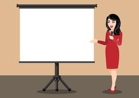 Cartoon character with businesswoman at a presentation. Flat icon vector