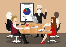 Cartoon character with business meeting. Flat people on presentation conference. Businessman at project strategy infographic. Team seminar vector concept vector