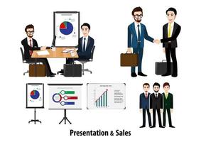 Cartoon character with business job interview, brainstorming, sale closing, handshake and various charts. Flat icon set vector