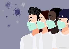 Cartoon character with young men and women wearing medical mask on face to  to prevent disease. Coronavirus. Vector illustration in a flat style