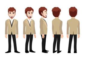 Cartoon character with business man. Front, side, back, 3-4 view animated character. Flat vector illustration.