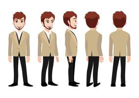 Cartoon character with business man. Front, side, back, 3-4 view animated character. Flat vector illustration.