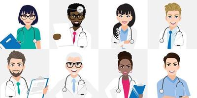 Group of doctors team standing together in different poses. Team of medical workers on a white background. Hospital staff. Cartoon character design vector