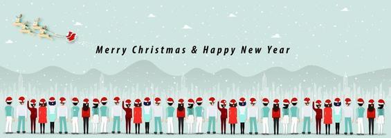 Merry Christmas and happy new year with  many people backside amazing a Santa Claus and snow falling on winter season in big town landscape view background vector